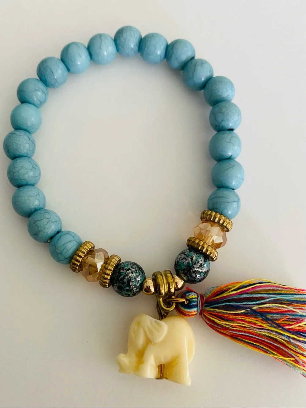 Turquoise Blue Beaded Stretch Bracelet Ivory Elephant Charm Multicolor Tassel